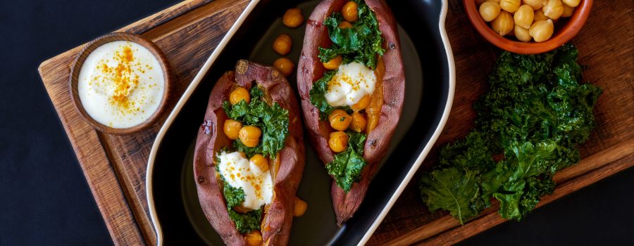 Baked Sweet Potato with Chickpeas, Kale with Tahini Dressing