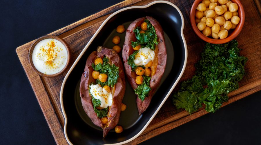 Baked Sweet Potato with Chickpeas, Kale with Tahini Dressing